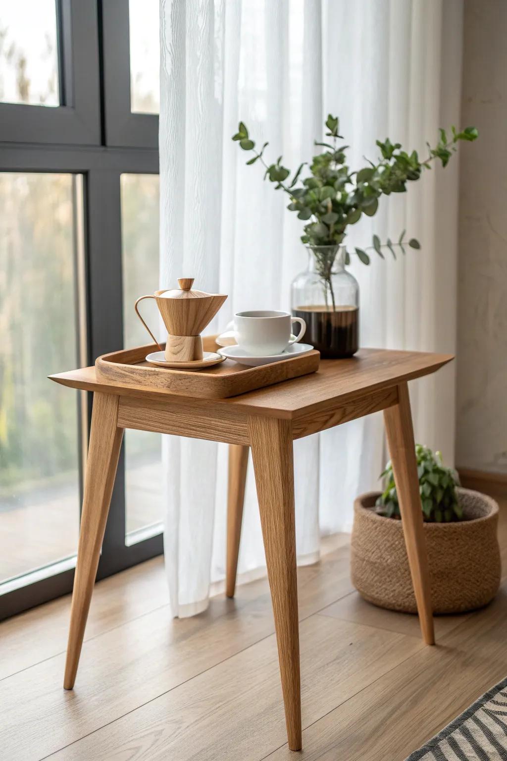 A window-side coffee station table that makes morning light feel like part of the ritual.