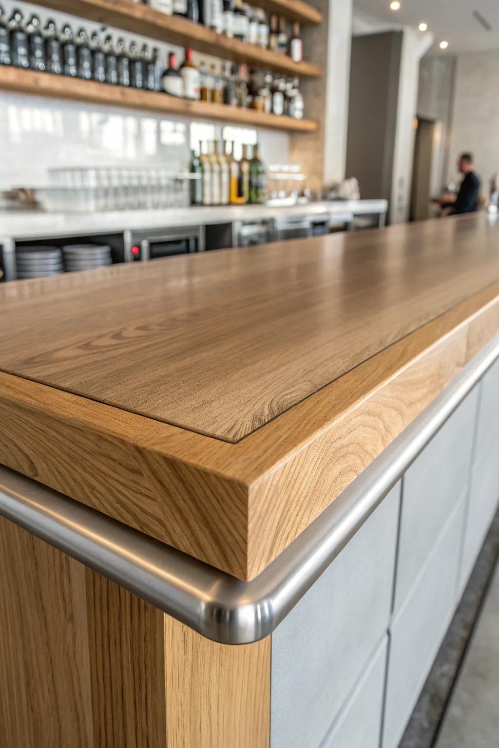 Brushed stainless skin over oak: wipe-clean, pro durability with warm minimalist style.