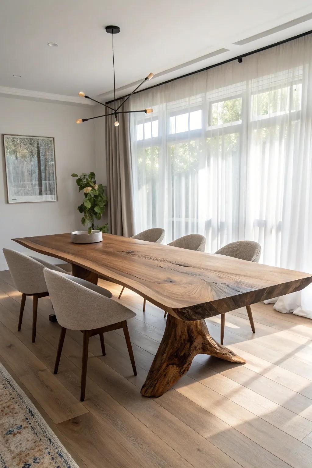 A live edge slab conference table that turns natural knots and grain into a showstopping centerpiece.