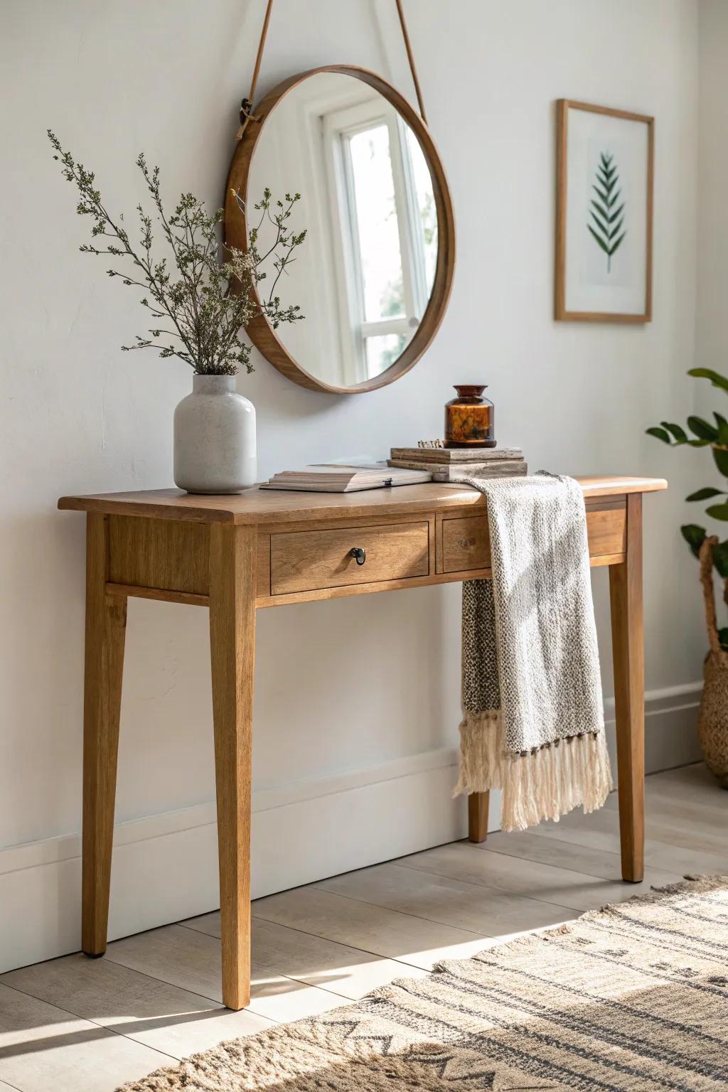 Soft linen runner under a round mirror—an easy texture layer that calms busy wood grain.