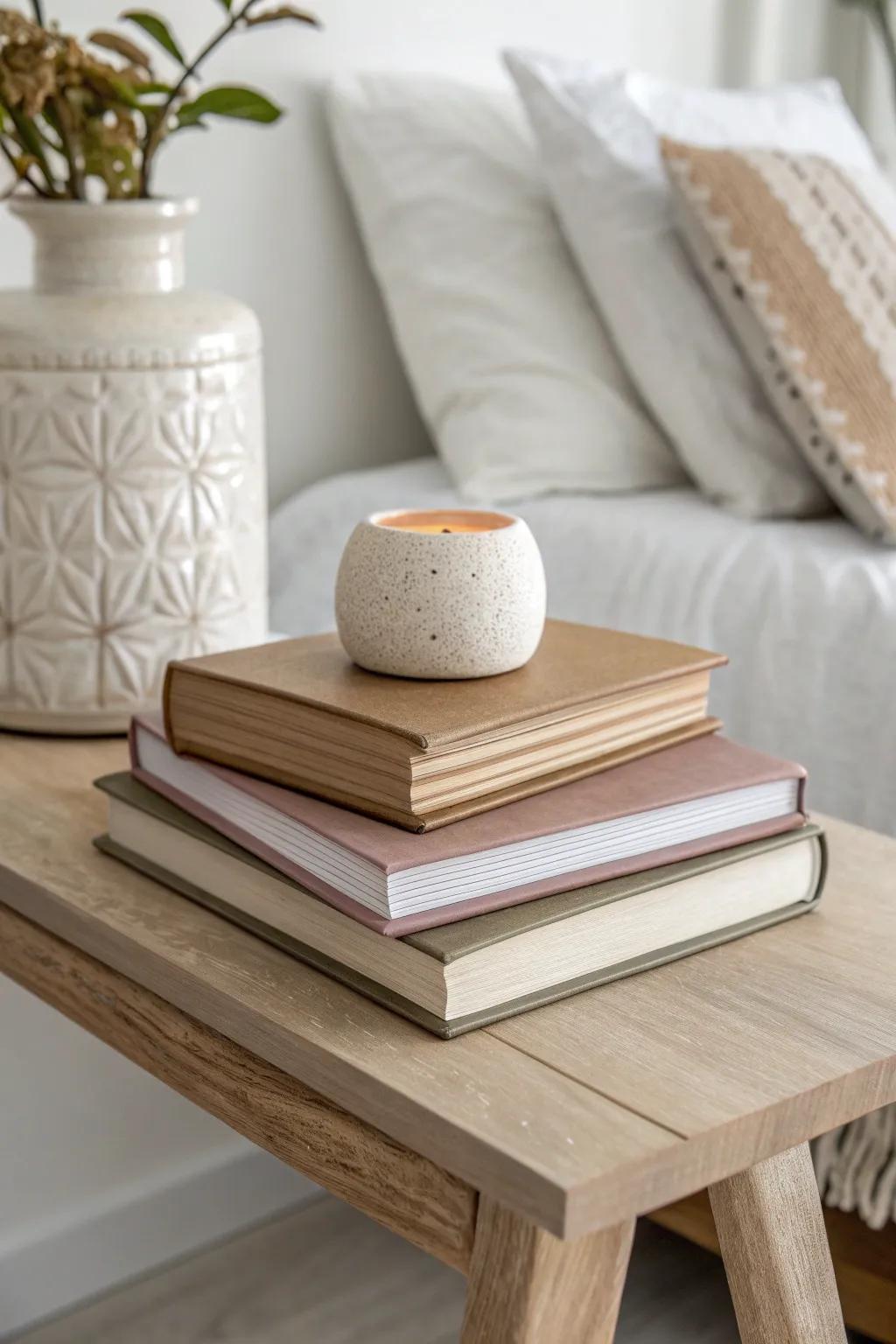 Stacked books turn a bedroom console into a curated vignette—add a candle on top.