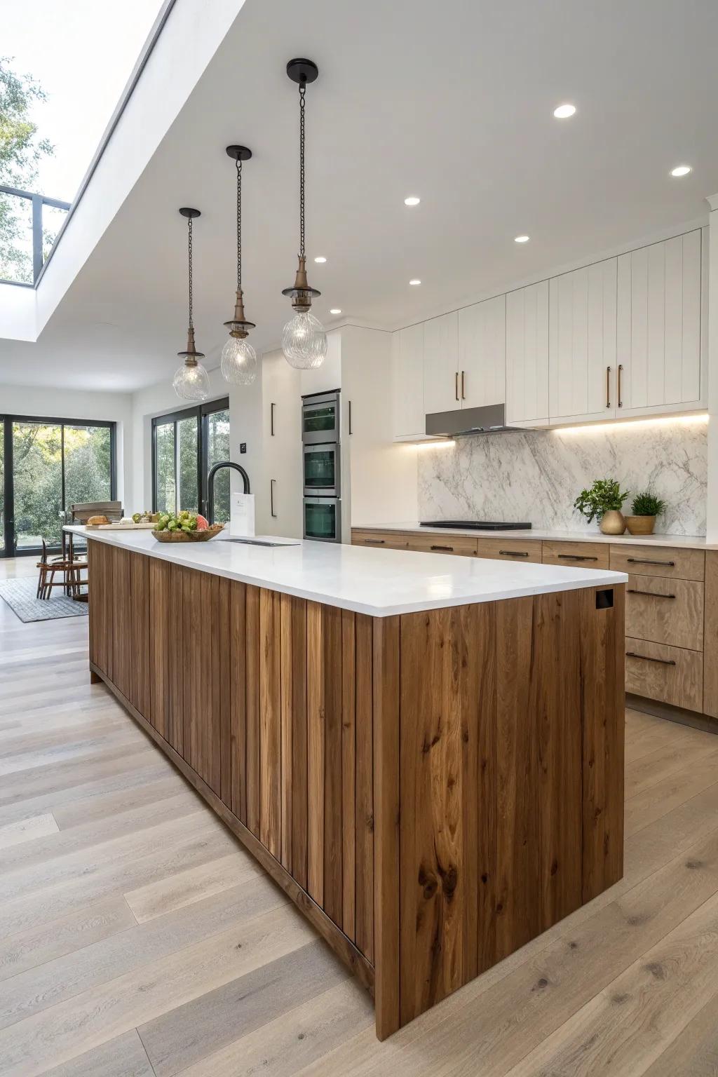 Waterfall wood sides turn a kitchen island into a showpiece—continuous grain, instant drama.