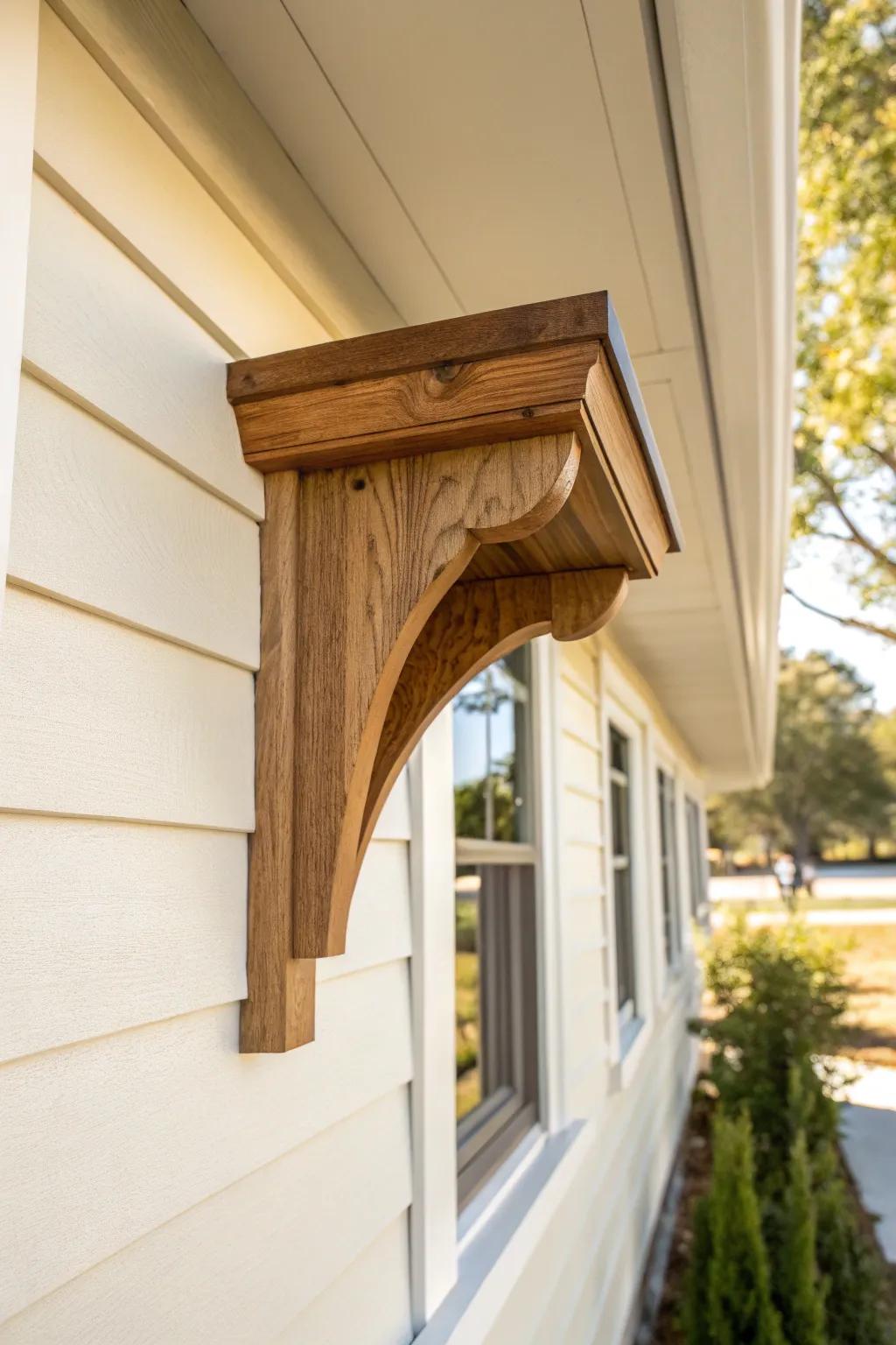 Warm stained wood corbel against light siding—simple craftsmanship with standout grain.