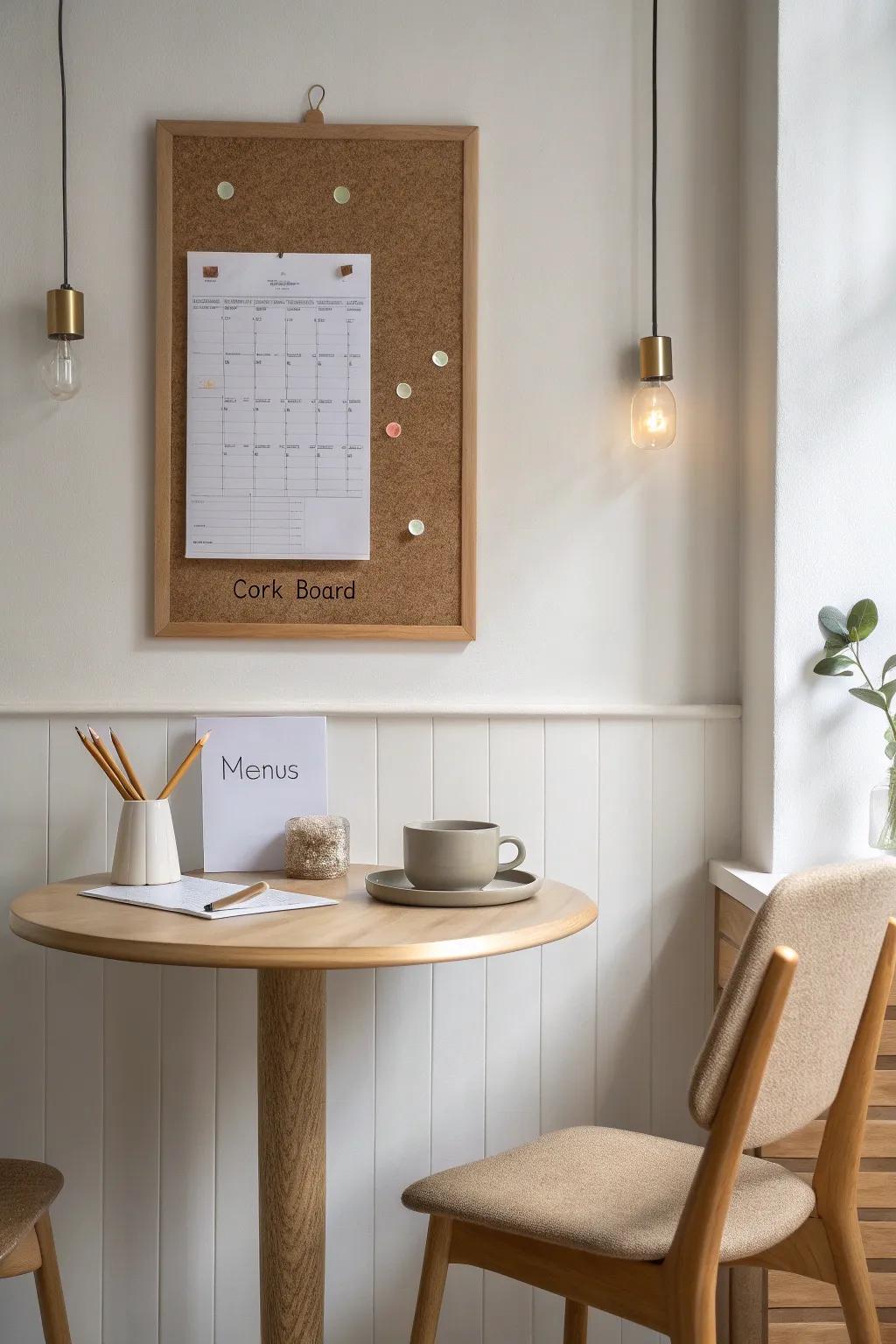 A cork board wall turns a dining nook into a calm homework + schedule hub—no table clutter.