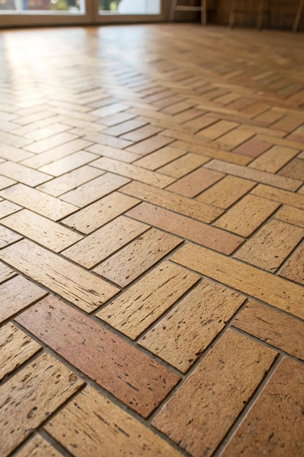 Herringbone cork tiles in warm side light—minimal, textured, and effortlessly custom.
