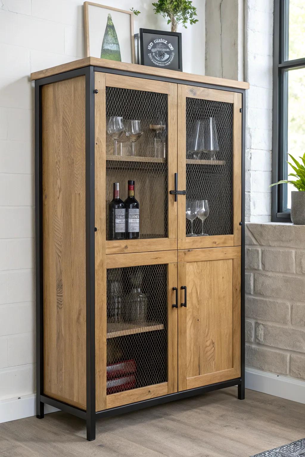 Warm oak meets matte black mesh—an industrial corner bar cabinet with a soft, homey vibe.