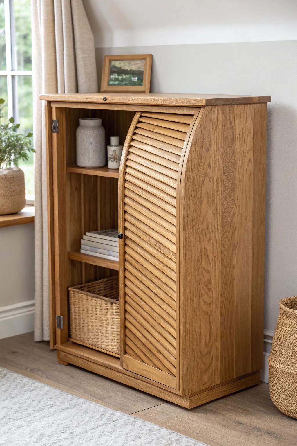 A tambour roll-up corner door that slides away—vintage charm, zero door-swing hassle.