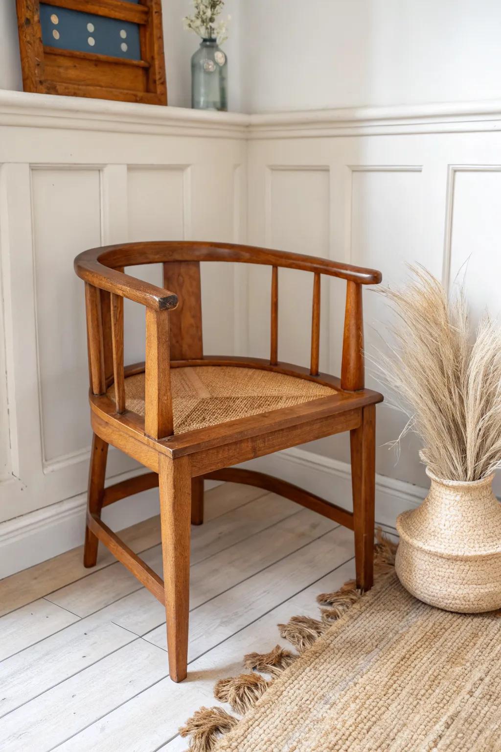 Revived vintage corner chair with side rails—warm grain, snug curves, heirloom charm.