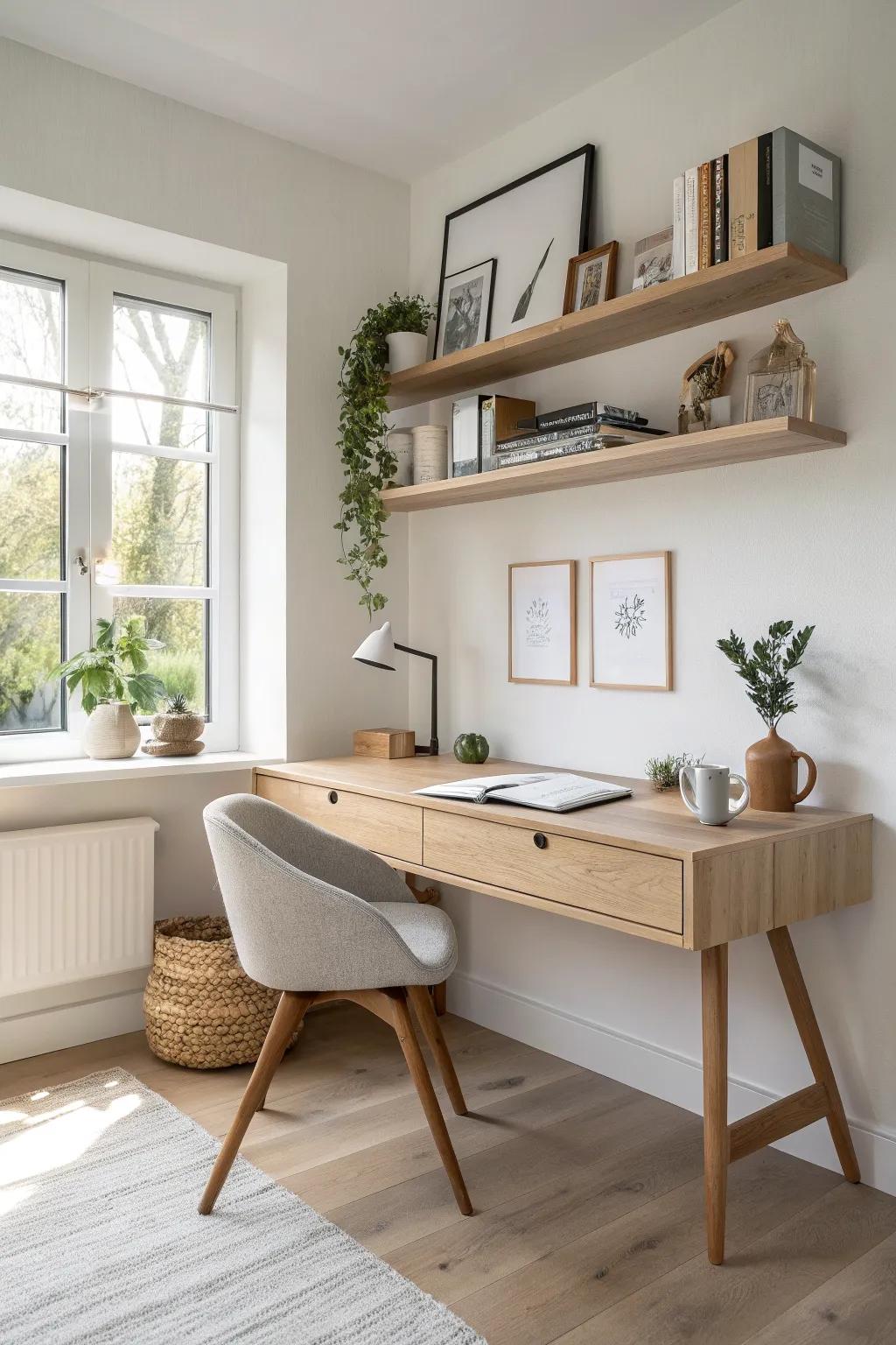 A light oak shelf bridge turns a window-corner desk into a bright, tidy workspace.