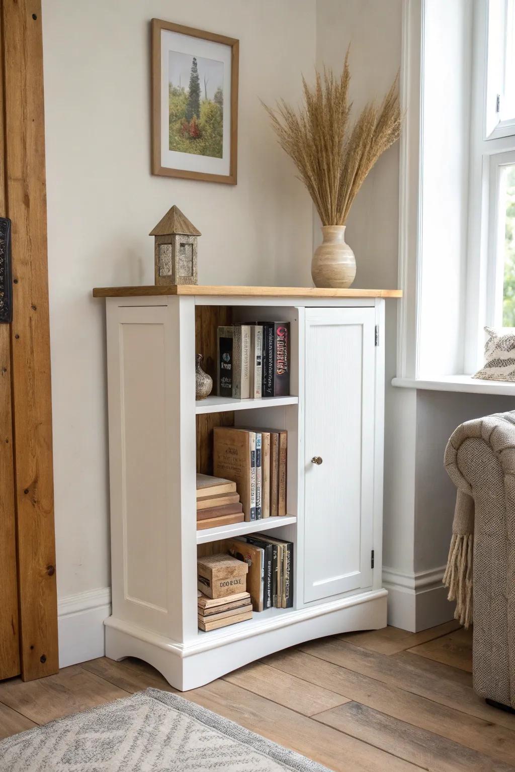 Thrifted cabinet makeover into a cozy corner library with handmade shelves and a display ledge.