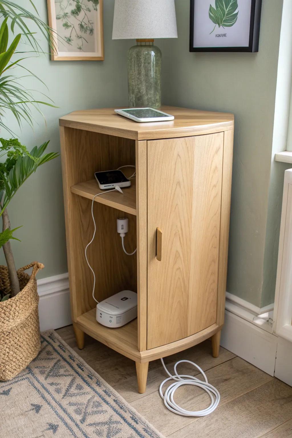 A hidden corner cabinet that keeps charging cords tidy—and the mudroom calm and beautiful.