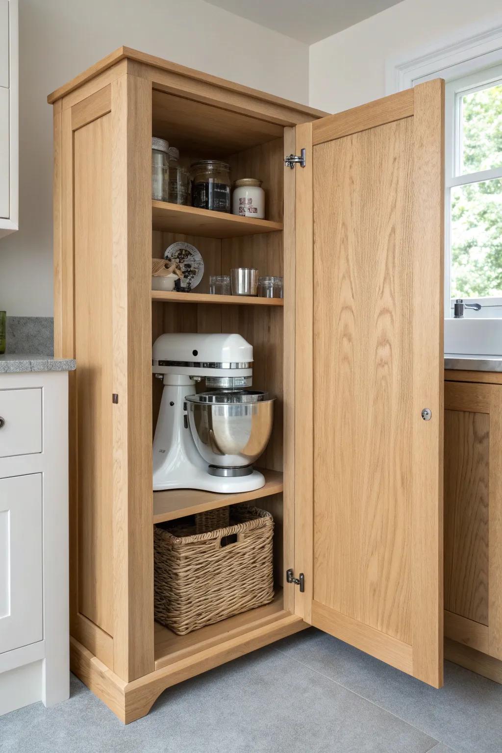 A corner pantry appliance garage shelf that fits your mixer—clean cords, calm counters.