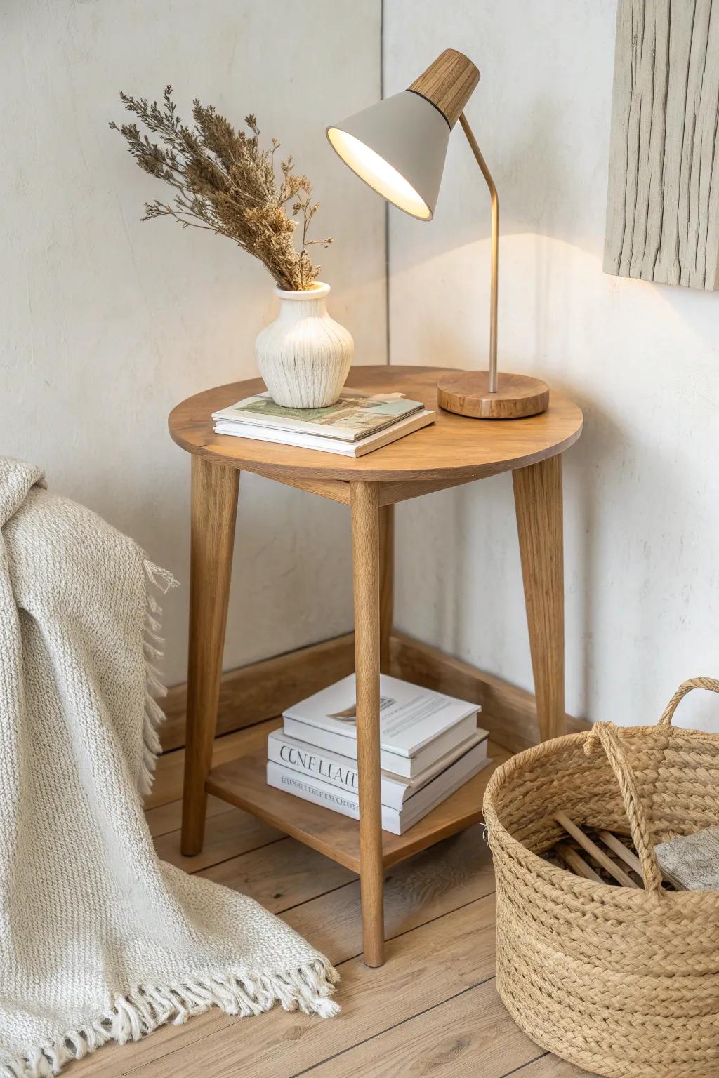 Cozy reading-corner stack: warm lamp glow, woven basket throw, and a handcrafted oak table.