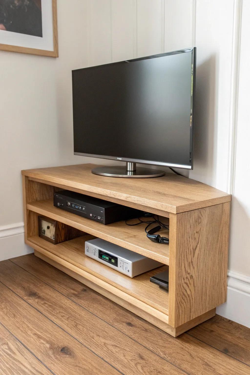 A clean oak corner TV shelf with a hidden routed wire chase for a calm, cord-free look.