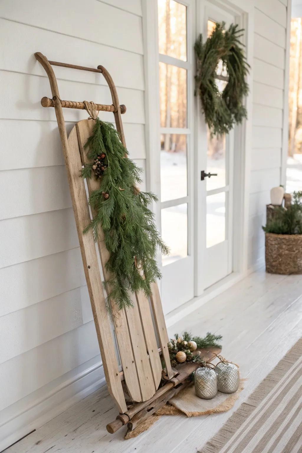 A classic cottage entryway: a wooden sled dressed with fresh greens and bell bundles.