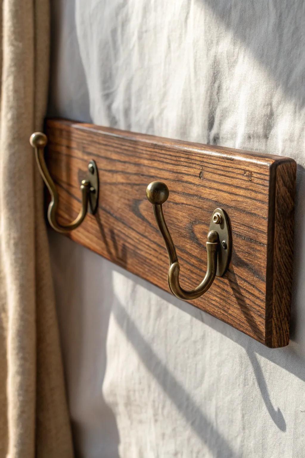 Vintage brass hooks on a stained wood backboard—simple cottage charm with handcrafted warmth.