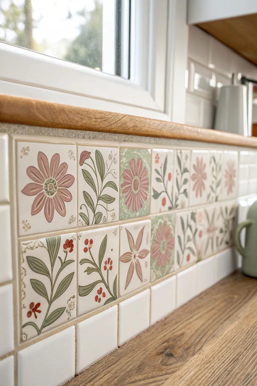 Muted floral backsplash tile—cottage sweetness with Scandinavian calm and handcrafted character.