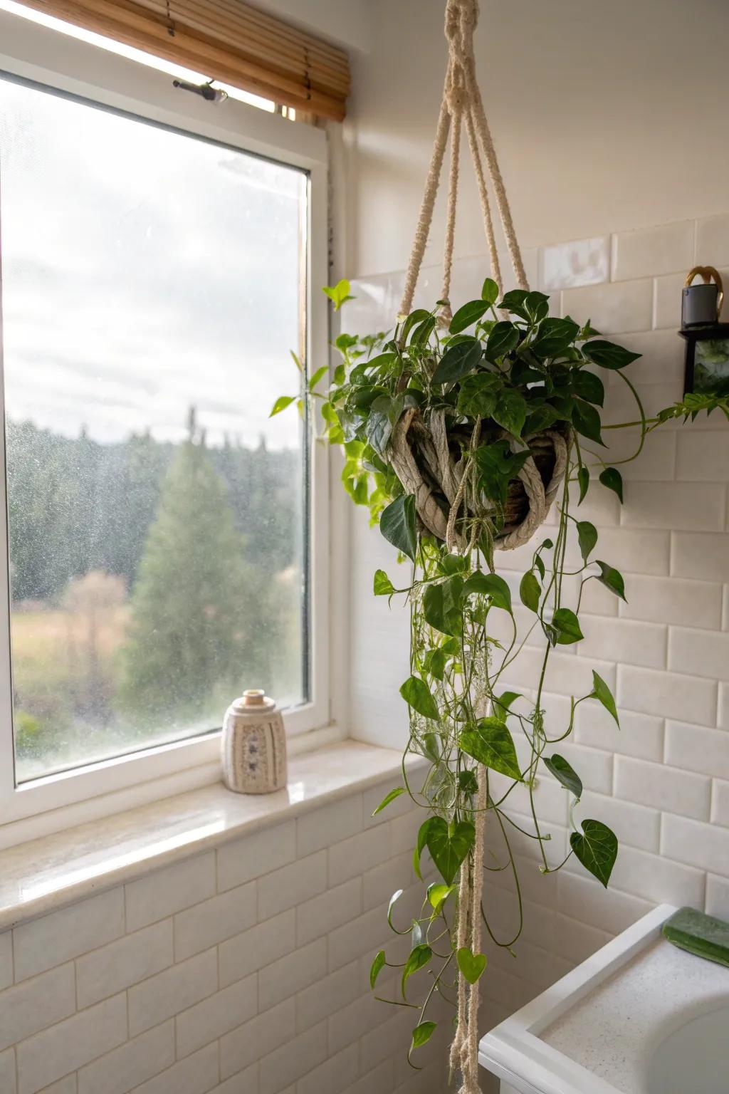 A trailing pothos in a macramé hanger brings cottagecore wildness to a steamy window corner.