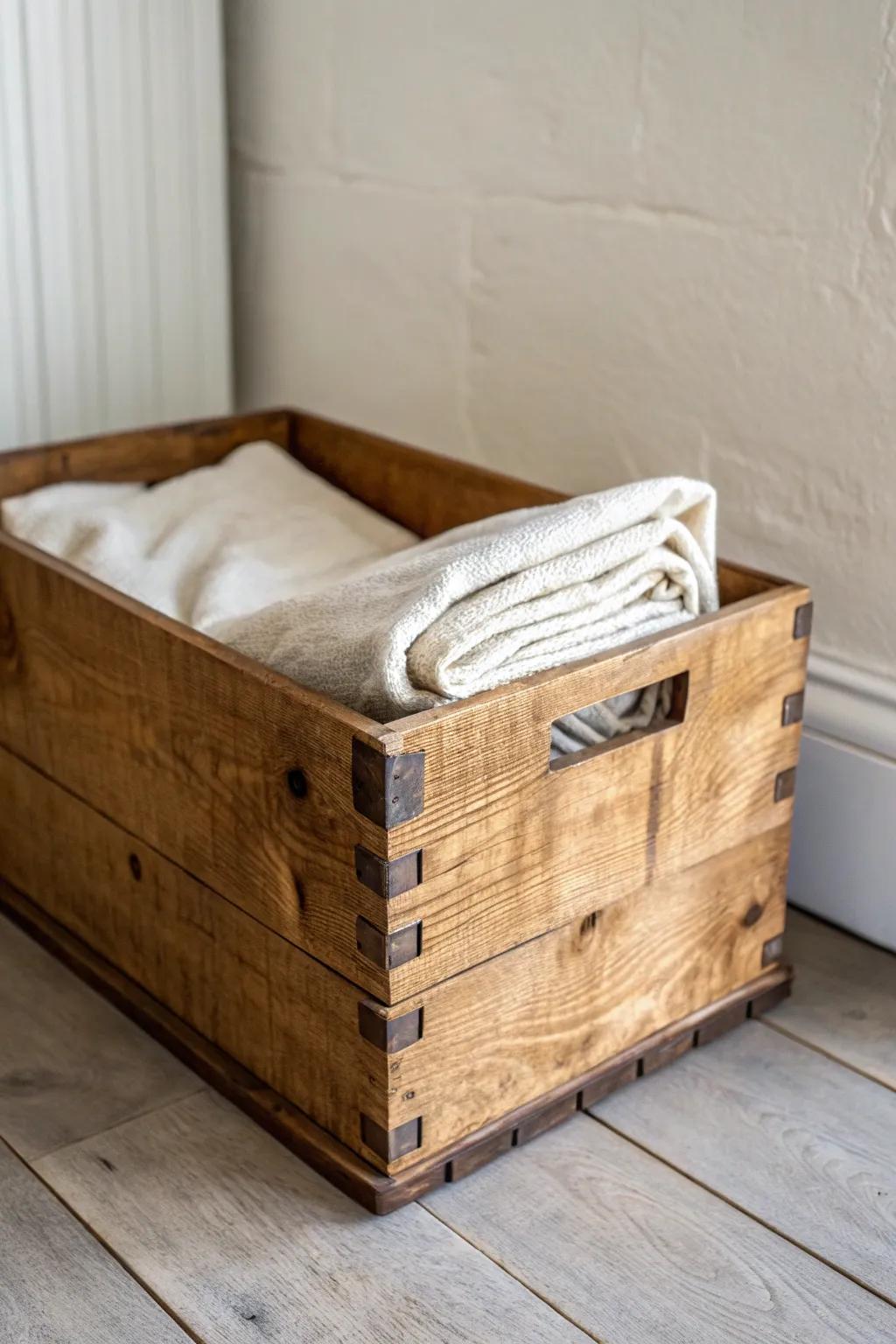 A waxed wooden crate turns blankets into cottagecore storage—simple, warm, and beautiful.