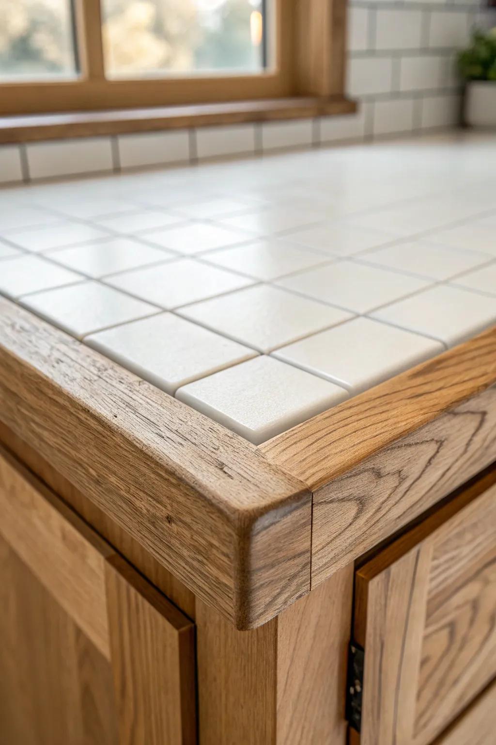 Warm reclaimed wood frame trim gives tile edges a cozy, crafted finish with beautiful contrast.