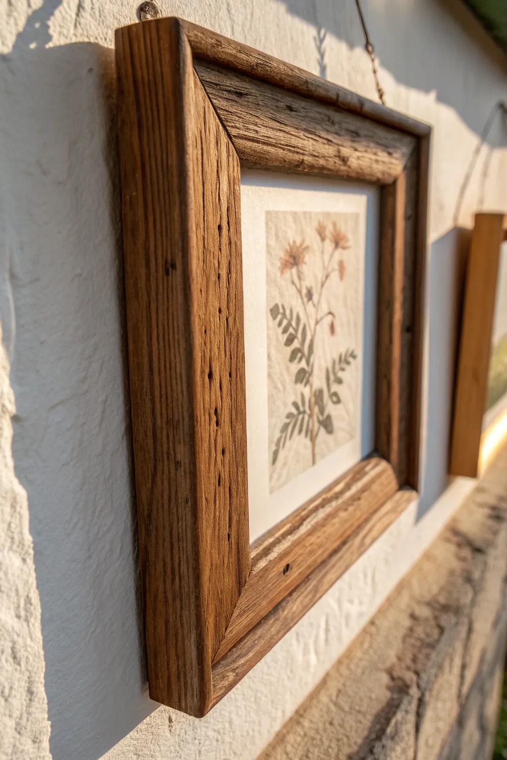 A perfectly imperfect wood frame brings country-cottage charm to a collected gallery wall.