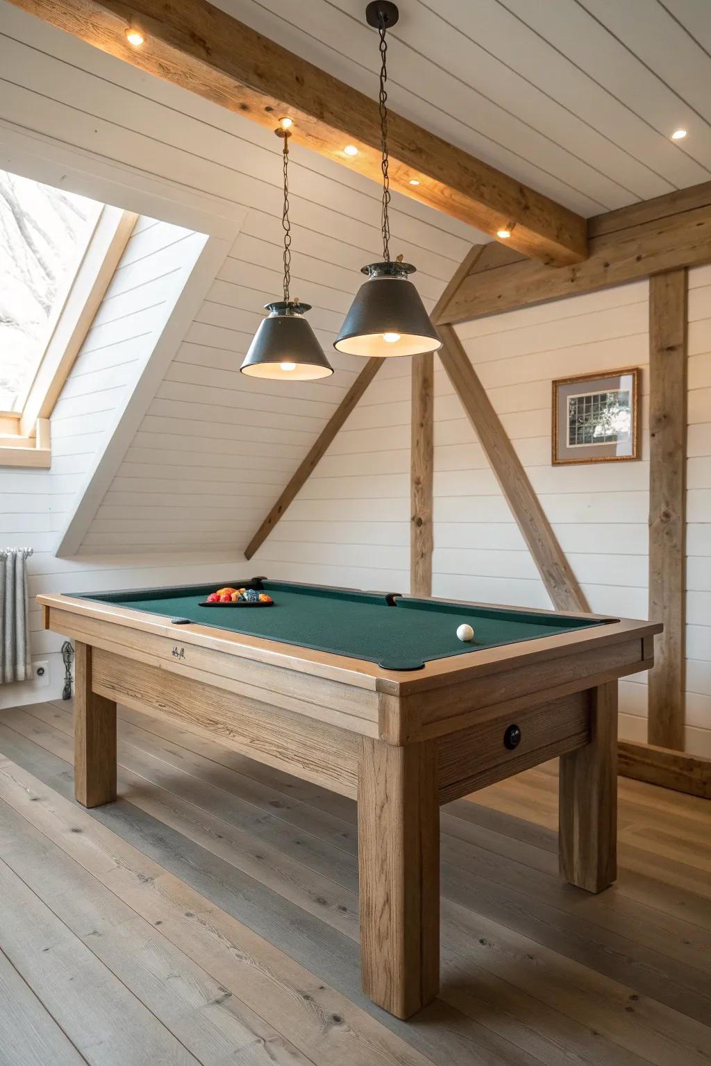 Lodge-style pool table corner with warm beam lighting and clean Scandinavian calm.