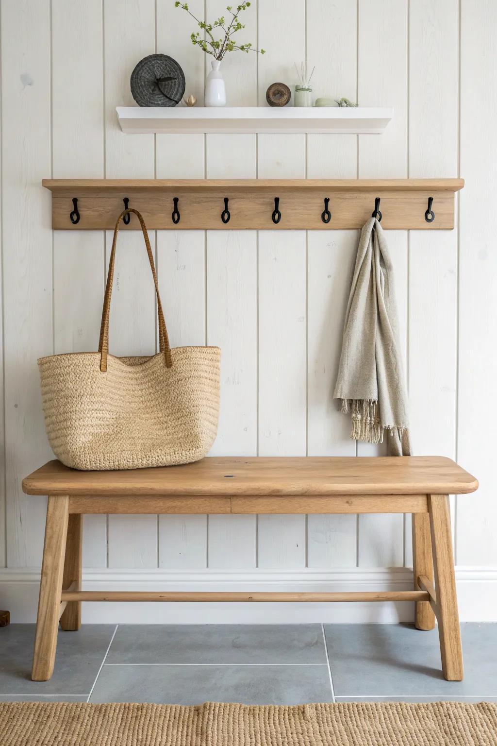 A handcrafted oak peg rail + bench combo—country mudroom charm with clean Scandinavian ease.