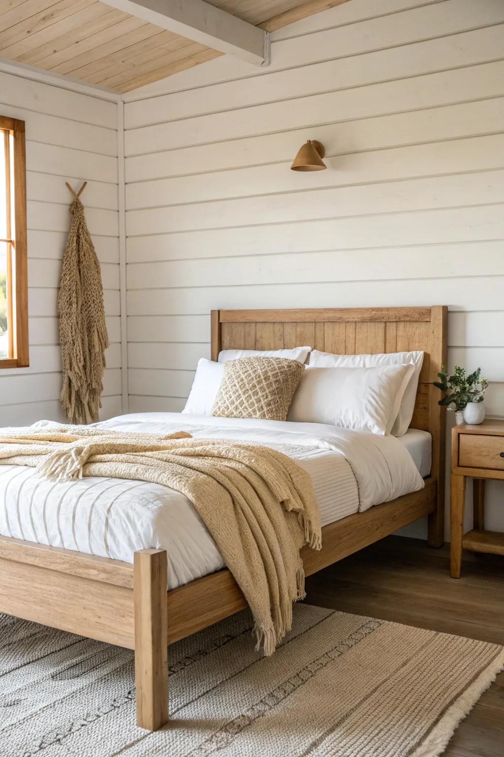 Warm white shiplap meets natural oak—an instantly cozy farmhouse bed with calm, minimal charm.