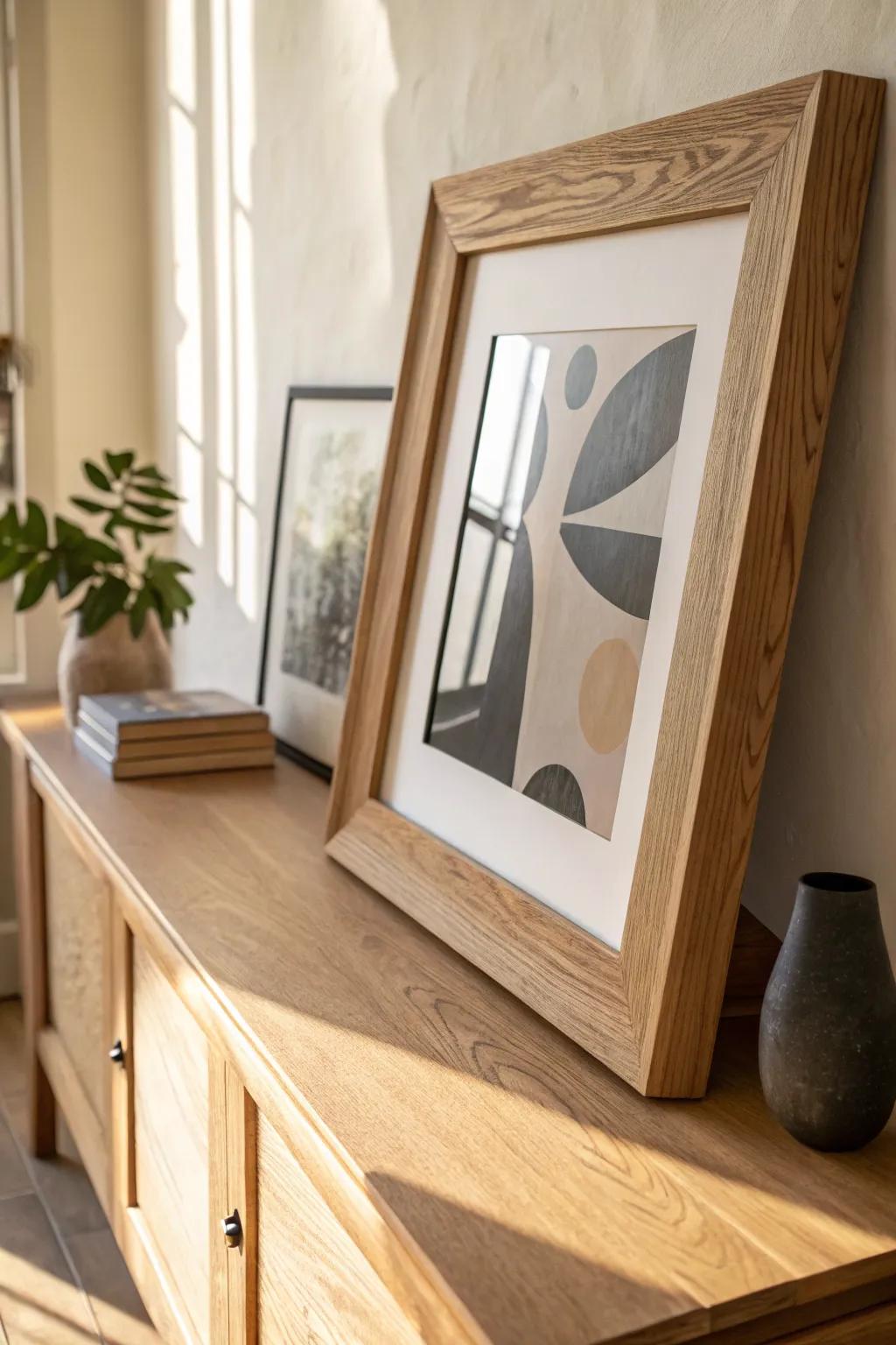 A single oversized oak frame makes the room feel minimal, personal, and effortlessly cozy.