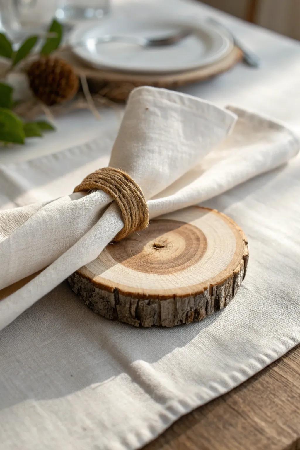 Handmade wood slice napkin ring—simple, natural, and instantly elevates any table setting.