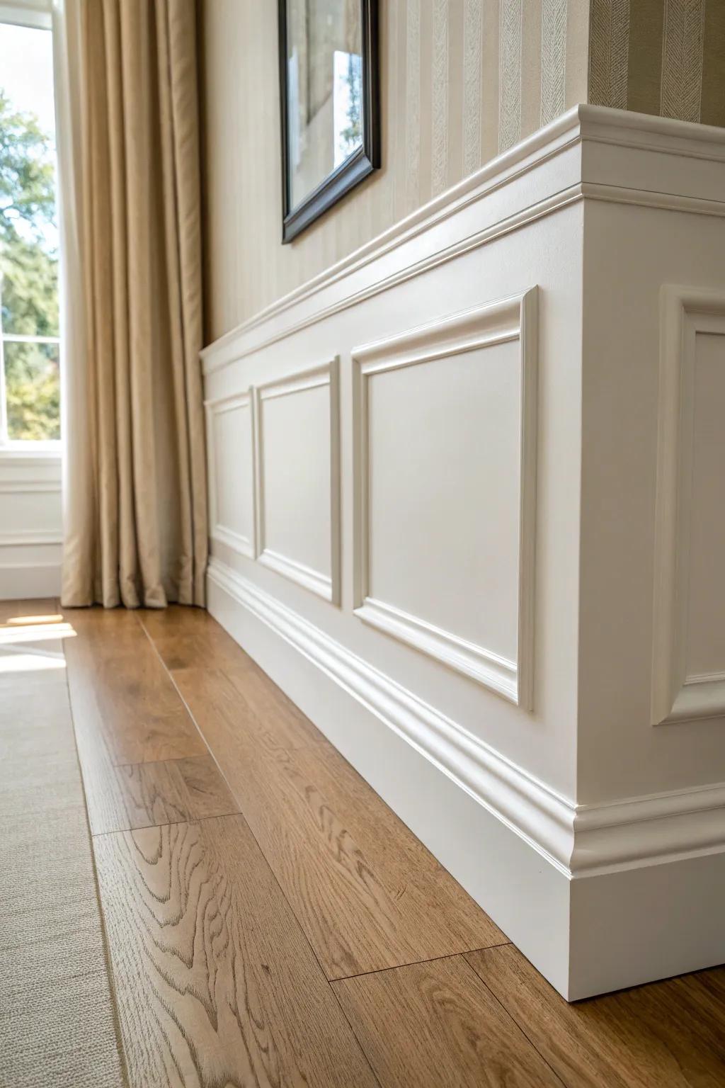 Elevate plain walls with picture-frame molding above the baseboard for a built-in look.