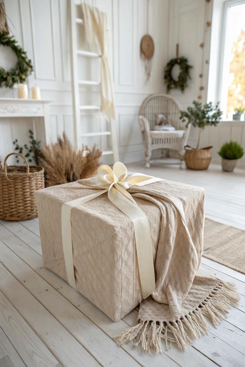 Gift wrapping meets cozy elegance: A blanket wrap that doubles as a gift itself.