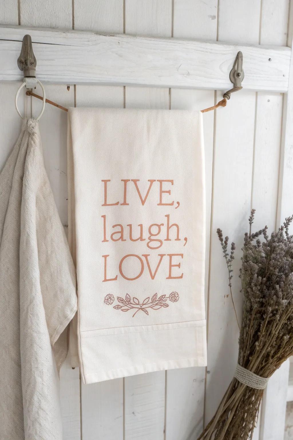 Embrace simplicity and warmth in your kitchen with this beautifully crafted towel featuring an inspiring daily reminder.