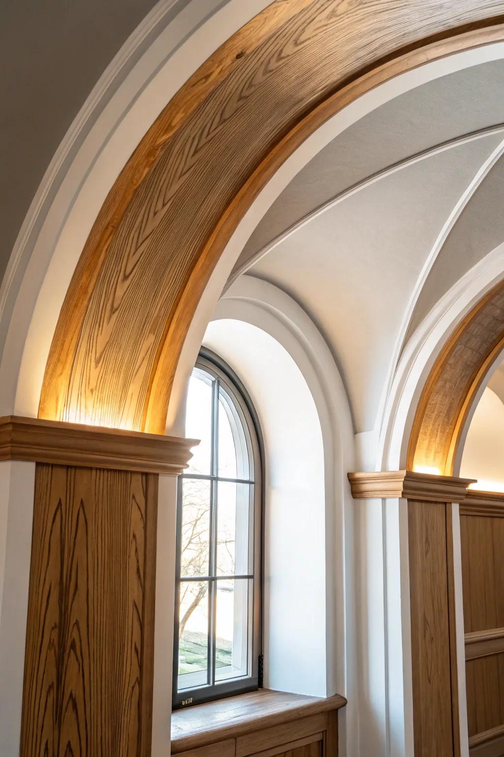 A soft gradient on a painted curve makes the ceiling arch feel like it’s quietly glowing.
