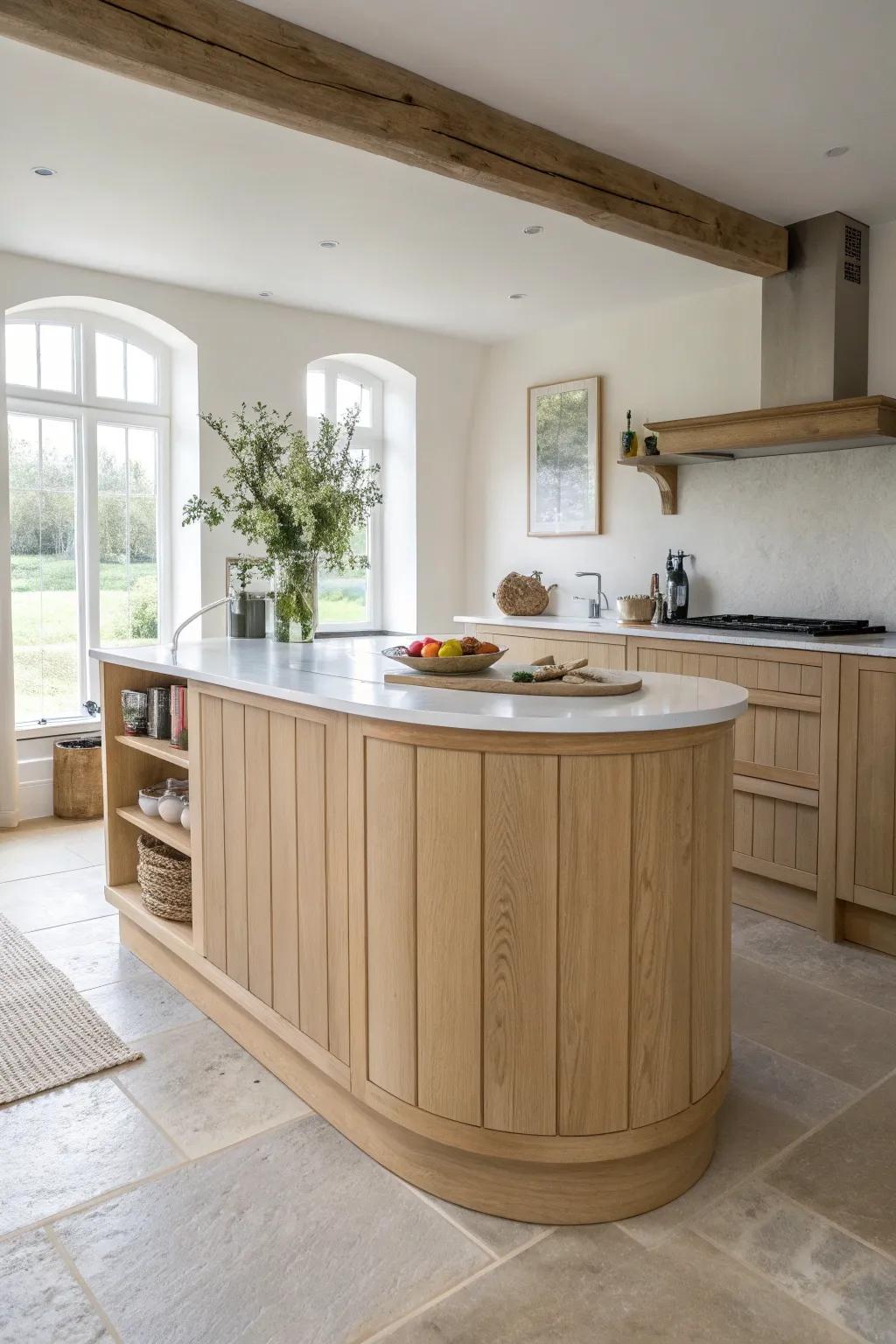 A flowing, multi-level curved island that separates prep and serving while highlighting warm oak craft.