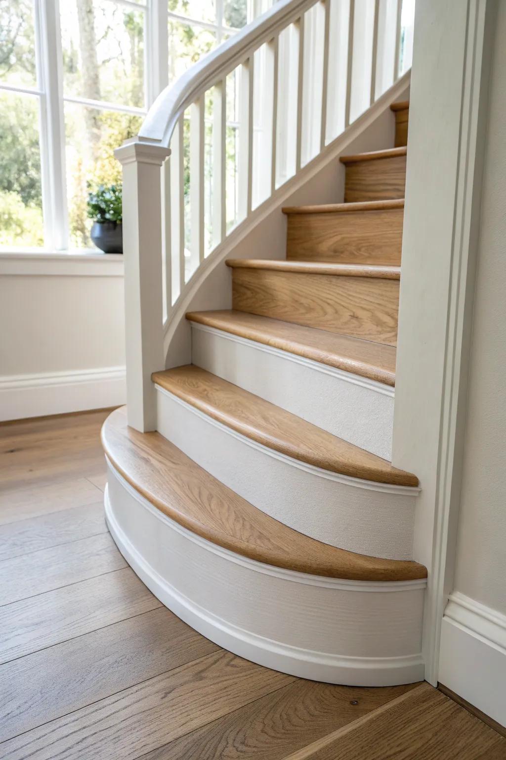 A perfectly scribed curved skirt board with crisp trim—small detail, luxury staircase impact.