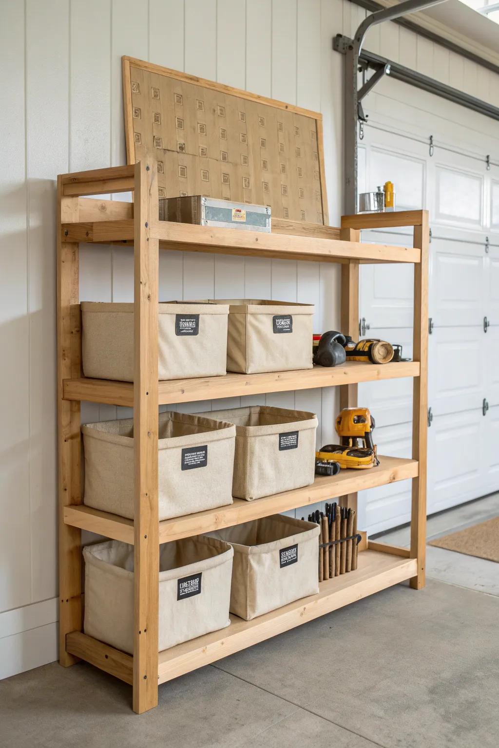 Heavy-duty oak tool shelving with labeled bins—minimal, sturdy, and beautifully organized.