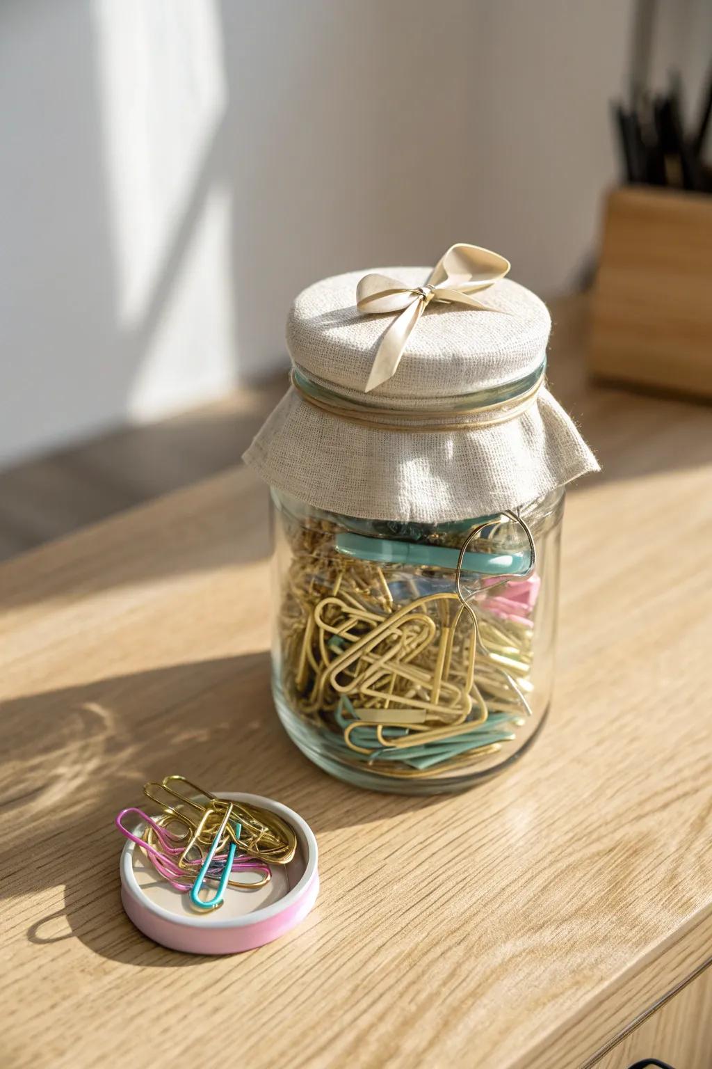 A clear jar + fabric-wrapped lid turns tiny supplies into the prettiest desk display.