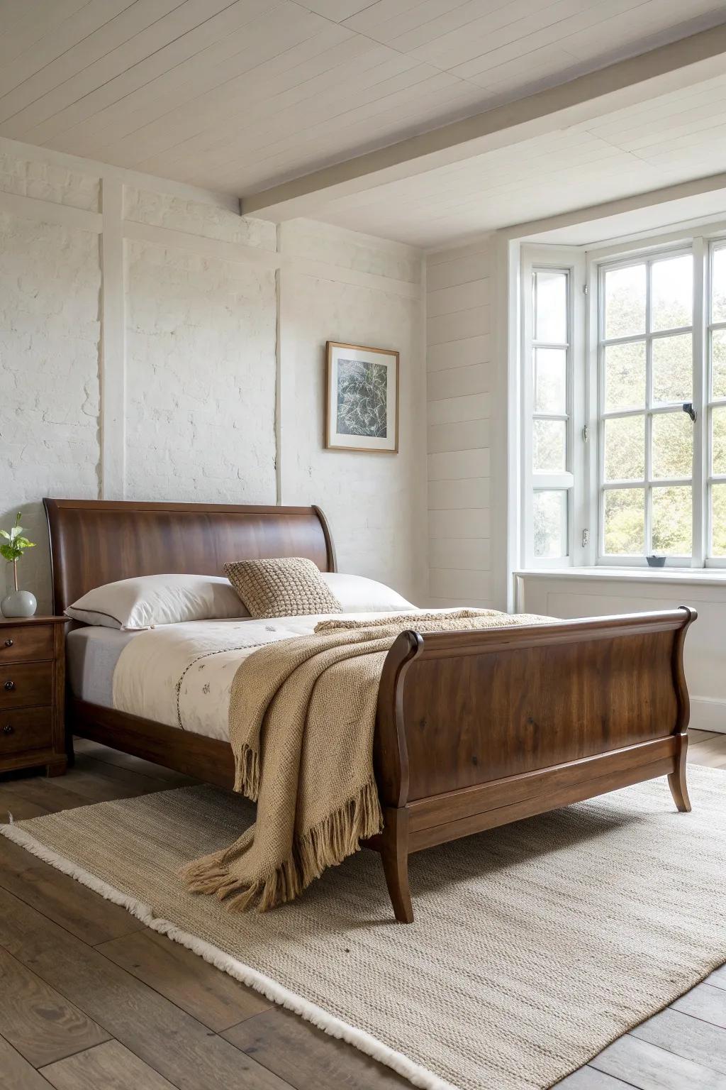 Let the dark walnut sleigh bed shine—light walls, simple linens, and calm textures.