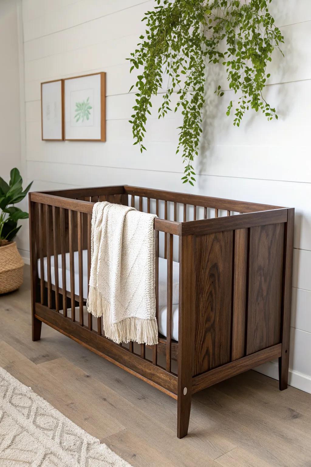 Dark walnut crib + a touch of greenery—simple, safe, and instantly warmer in a calm Scandi nursery.