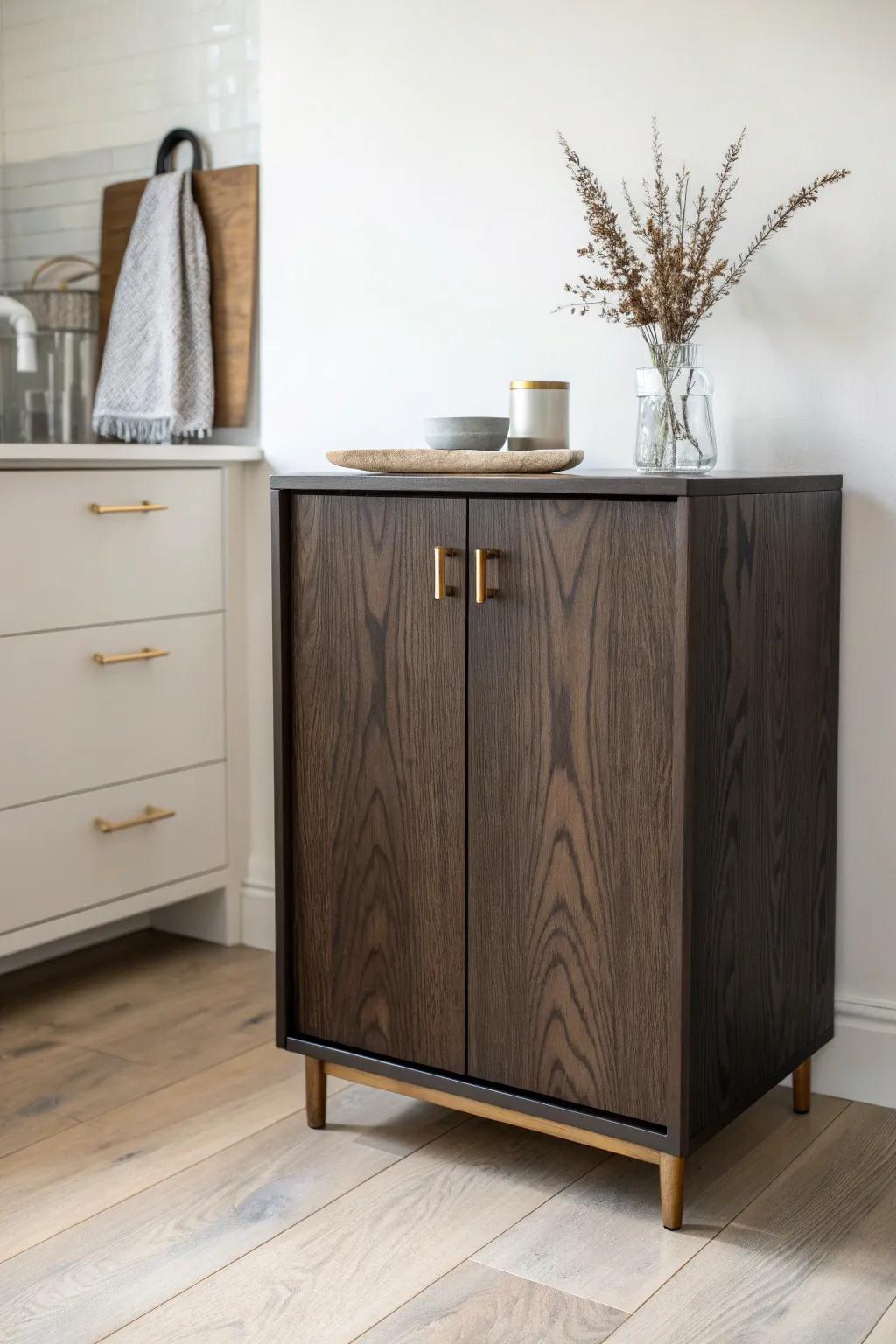 Dark cabinets + light wood floors: the contrast that keeps small kitchens bright and airy.