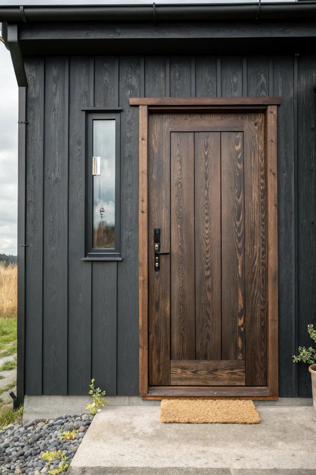 Chocolate-brown wood door that grounds a dark gray exterior with warm, earthy calm.