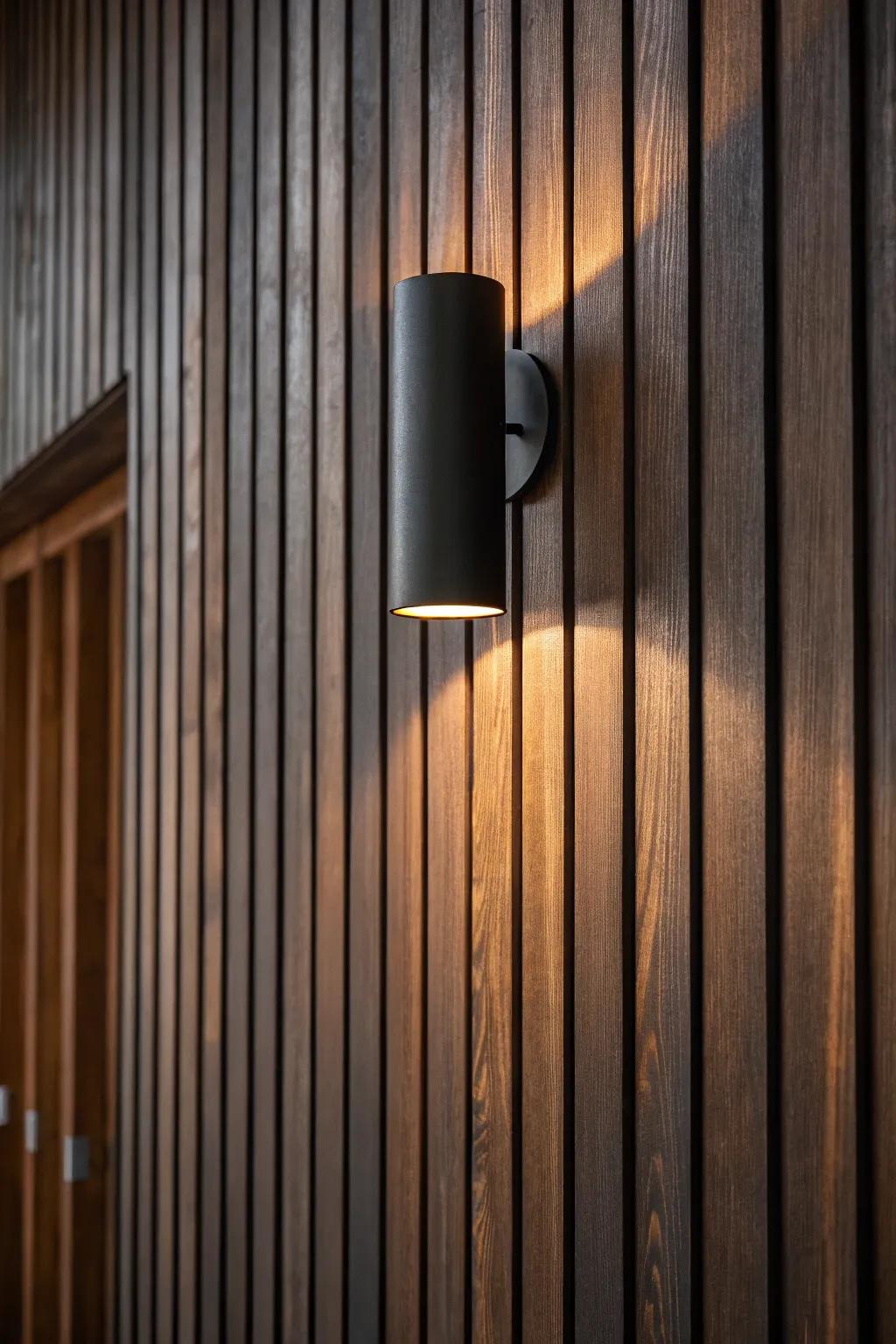 Matte black sconce washing warm light across walnut slats—moody man cave, elevated.