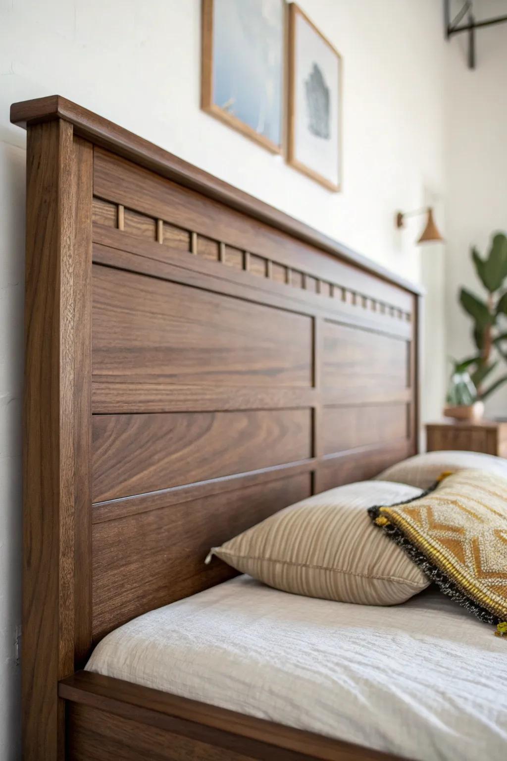 Low-profile dark walnut headboard with clean mid-century lines—sleek, modern, and warm.