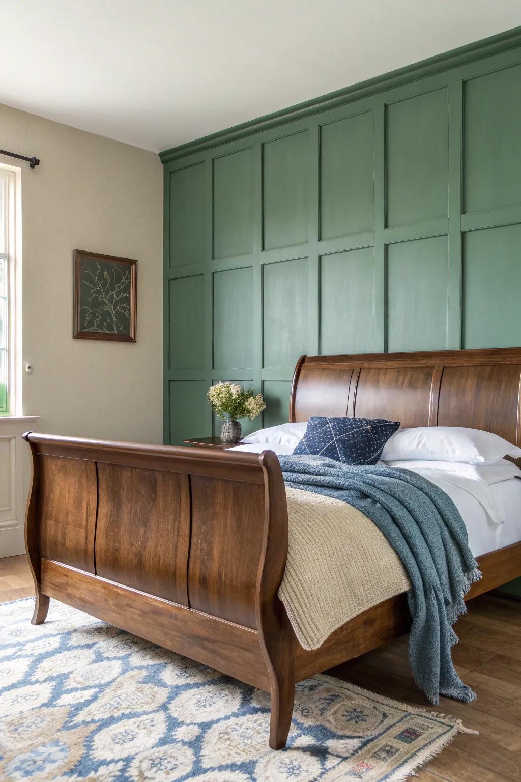 Soft sage walls warm up a dark wood sleigh bed for a calm, elevated bedroom look.