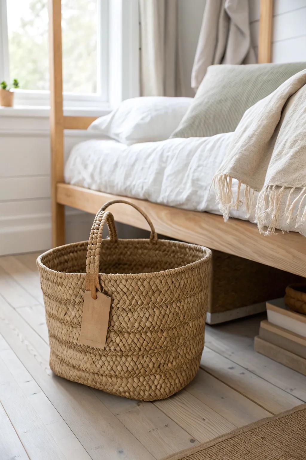 A woven under-daybed basket hides throws in seconds—cute storage that stays minimalist.