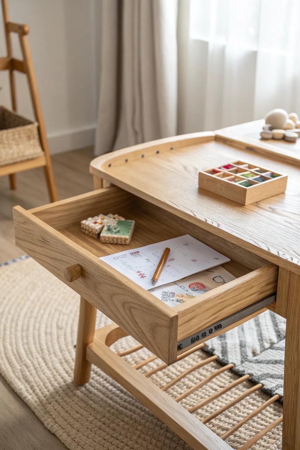 Space-saving under-table sliding tray keeps daycare supplies tidy and off the floor.