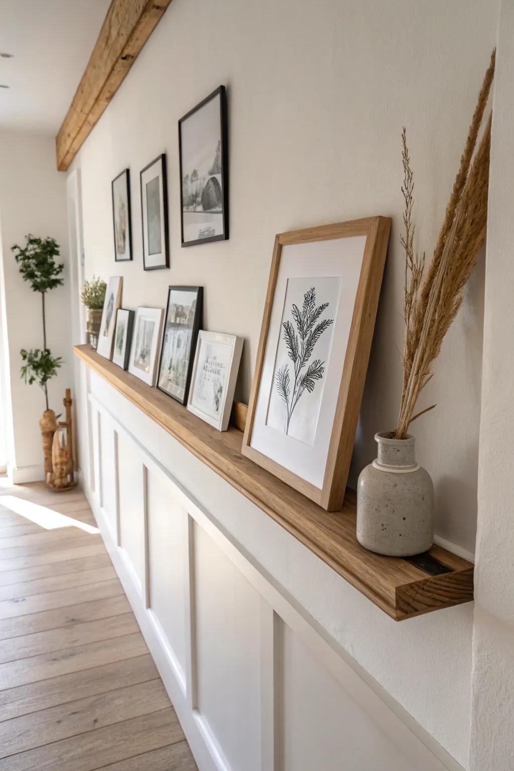 A clean, linear gallery ledge in oak—perfectly aligned frames for a calm narrow hallway.