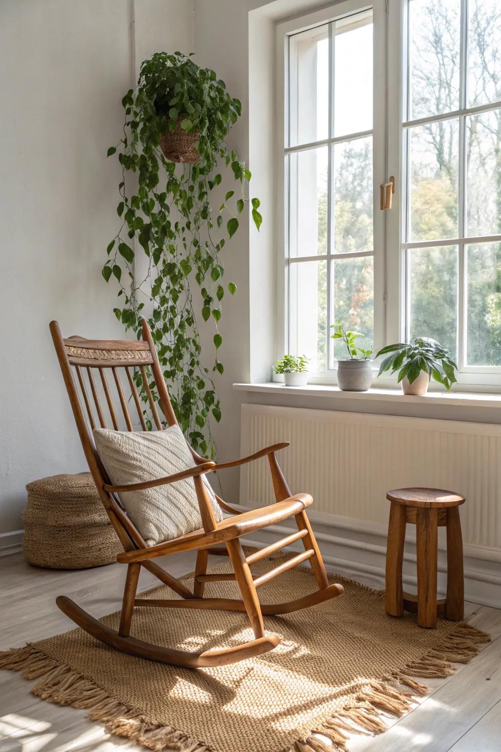 A cozy plant-filled corner: vintage rocker, warm wood grain, and trailing greenery by the window.