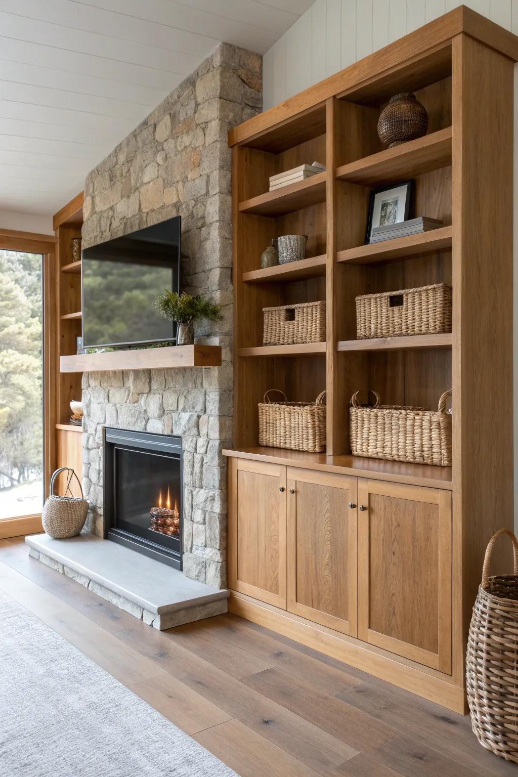 Custom stained plywood built-ins bring cozy balance and craftsmanship to a mountain great room.